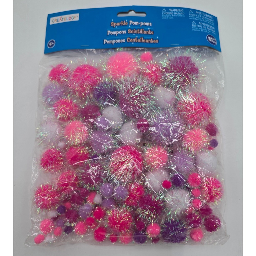 Creatology Sparkle Pom-poms 100pc Pink Purple White Iridescent Tinsel Crafts NEW